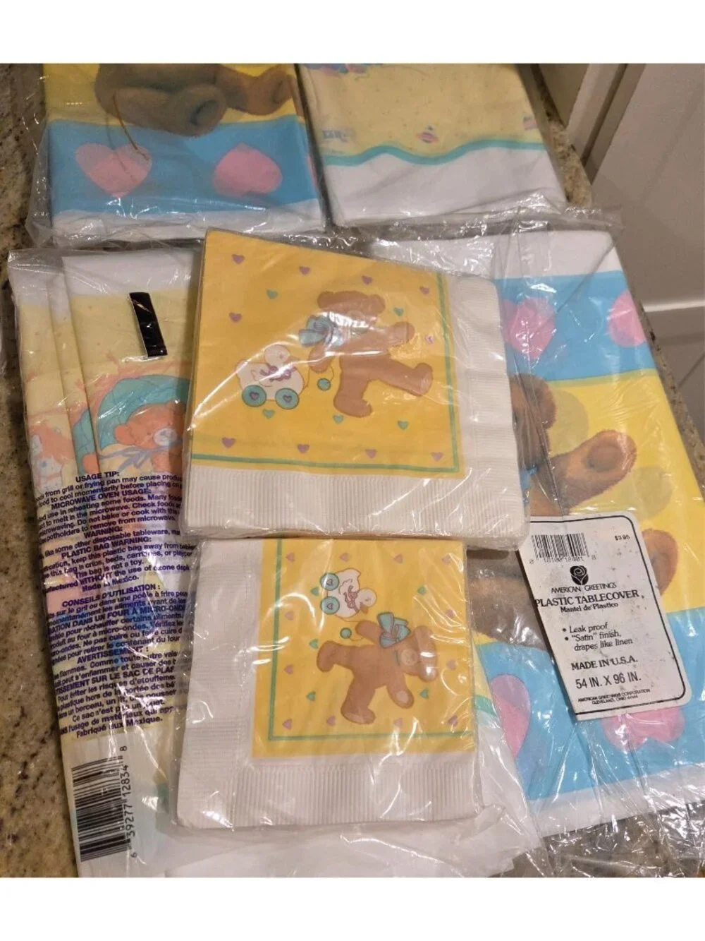 Vtg 80's 90's Lot of 4 Baby Shower Tablecloth Bear Heart Pony & 240 Napkins
